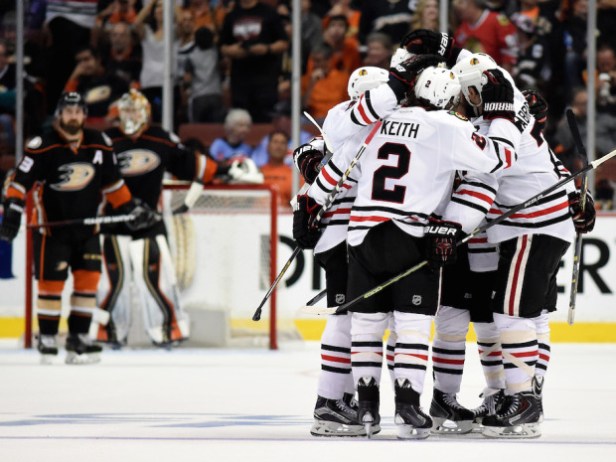 ANAHEIM, CA - MAY 30: Brent Seabrook #7 of the Chicago Blackhawks celebrates his third period goal with teammates against the Anaheim Ducks in Game Seven of the Western Conference Finals during the 2015 NHL Stanley Cup Playoffs at the Honda Center on May 30, 2015 in Anaheim, California. (Photo by Harry How/Getty Images)